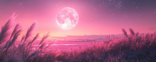 Full moon and Japanese pampas grass in midnight,The harvest Miscanthus sinensis and full moon,beautiful night sky in the countryside with the perfect pink moon exudes beauty in the dark.