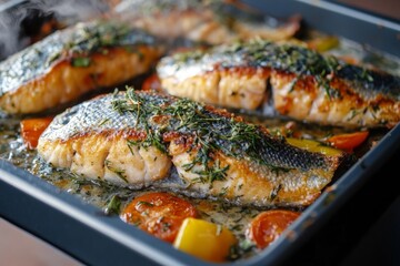 A tray holds perfectly baked fish with a golden crust, garnished with fresh herbs and nestled among vibrant vegetables. It emits steam, indicating freshness and great flavor
