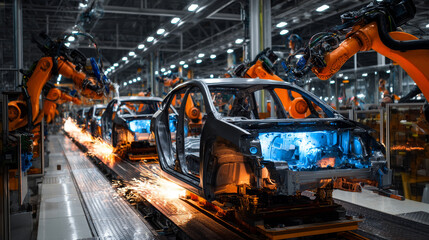 Robotic arms works on factory on manufacture of cars. Industrial robotic welders weld the car body on the Assembly line. 
