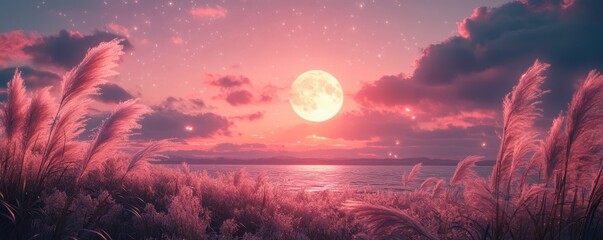 Full moon and Japanese pampas grass in midnight,The harvest Miscanthus sinensis and full moon,beautiful night sky in the countryside with the perfect pink moon exudes beauty in the dark.