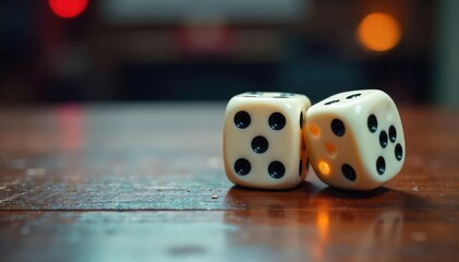 Close-up of a pair of dice rolling across a wooden table , cubes, play, wager