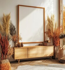 Empty Wooden Frame Mockup with Autumnal Dried Grasses and Natural Light