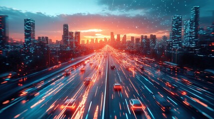 A cyberpunk city with flying cars leaving holographic trails in the sky