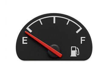 Fuel gauge with needle pointing close to empty ("E"), symbolizing low fuel, energy depletion, urgent need to refuel, and cautionary automotive warning.