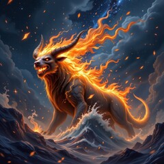 fantasy concept art of a horned beast with flames flickering from its head transforming into waves, set in an epic cosmic scene