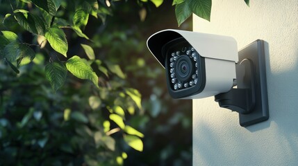 Wireless security camera mounted on a wall outdoors captu footage with a lush green background and natural lighting for surveillance or monito purposes