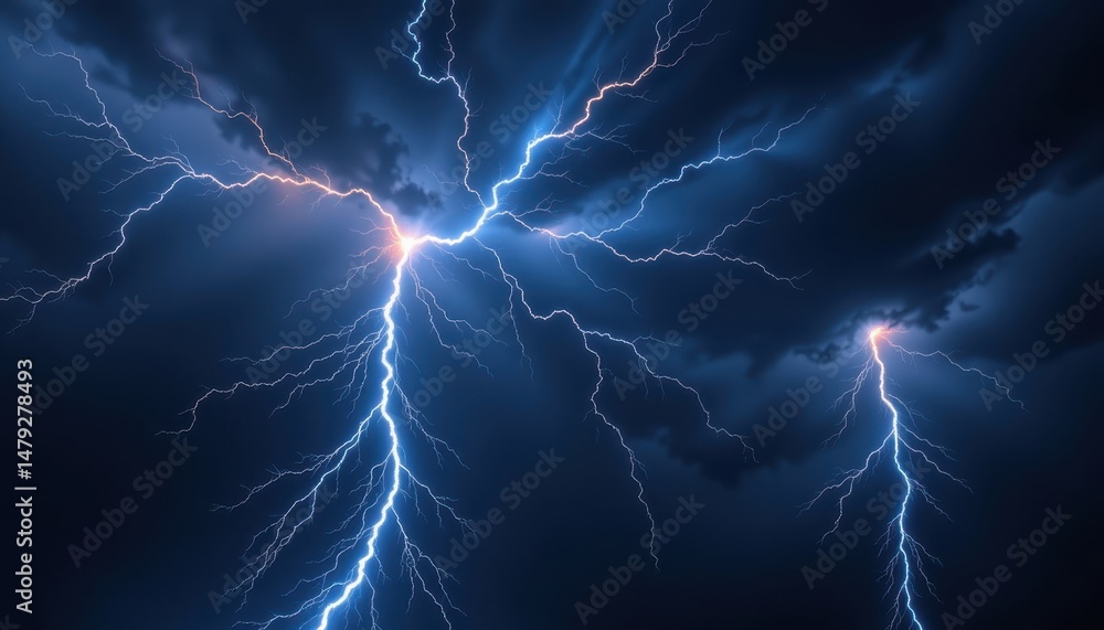 Poster hyperrealistic digital rendering of a lightning storm with jagged streaks of blue and orange illumin