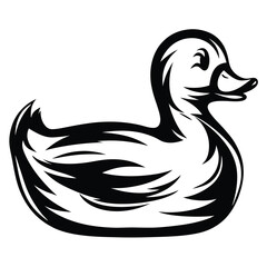 Stylized monochromatic illustration of a rubber duck in black and white