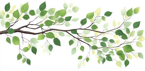 Obraz premium Lush Green Tree Branch with Varied Leaf Shades on White Background