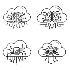 Cloud AI Brain Chip Icons – Vector Neural Network Outline Set