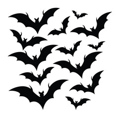 A collection of stylized black silhouette bats on a white background image