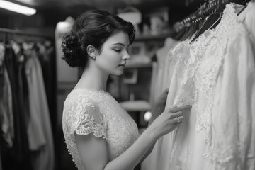 Naklejka premium Woman in wedding dress inspecting a dress.