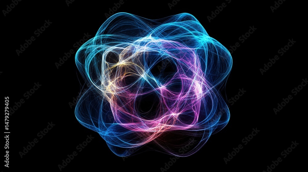 Poster abstract colorful neon light wisps forming complex molecular or atomic structure on a black backgrou