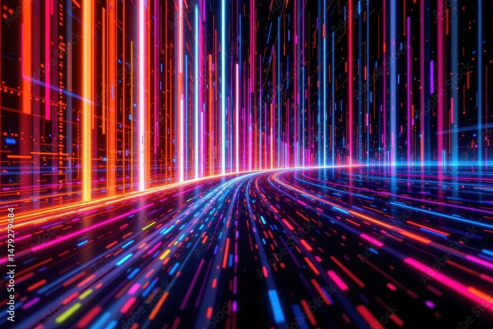 Poster pixel sorted art with vertical and horizontal streaks of glowing colors, reminiscent of data streams