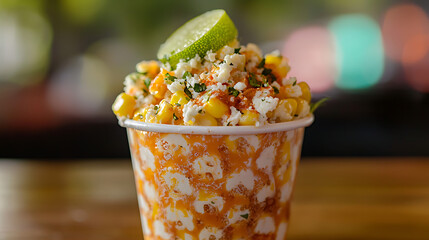 A cup of corn and lime topped food