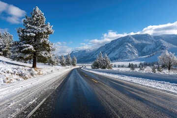 An empty asphalt road cutting through a snowy landscape
