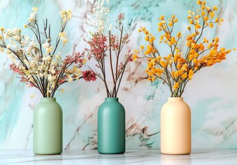 Three vases with spring blossoms against a marble background. Pastel colors, soft lighting, and a calm atmosphere. Vases are pale green, teal, and beige. Flowers are white, pink, and yellow.