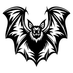 Stylized black bat with spread wings, fierce expression, detailed feathers