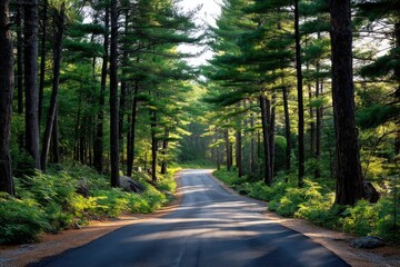 Obraz premium An empty asphalt road leading through a dense, vibrant forest