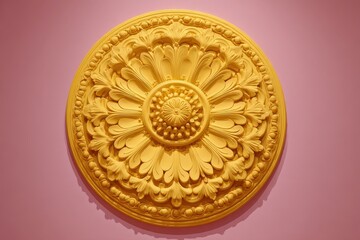 Fototapeta premium Decorative, round, yellow, relief, plaster, ceiling, design, against, pink, backdrop.