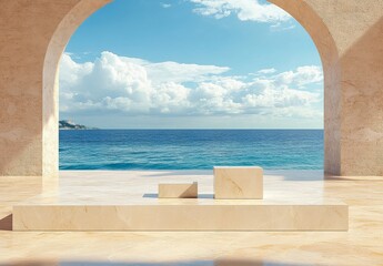 Obraz premium Seascape viewed through a stone archway, featuring beige stone platforms in the foreground and a calm blue ocean under a partly cloudy sky. The scene evokes serenity and tranquility.