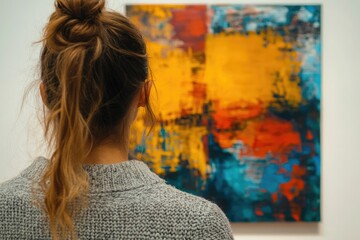 Woman appreciating abstract art painting with vibrant yellow, blue, and red colors.