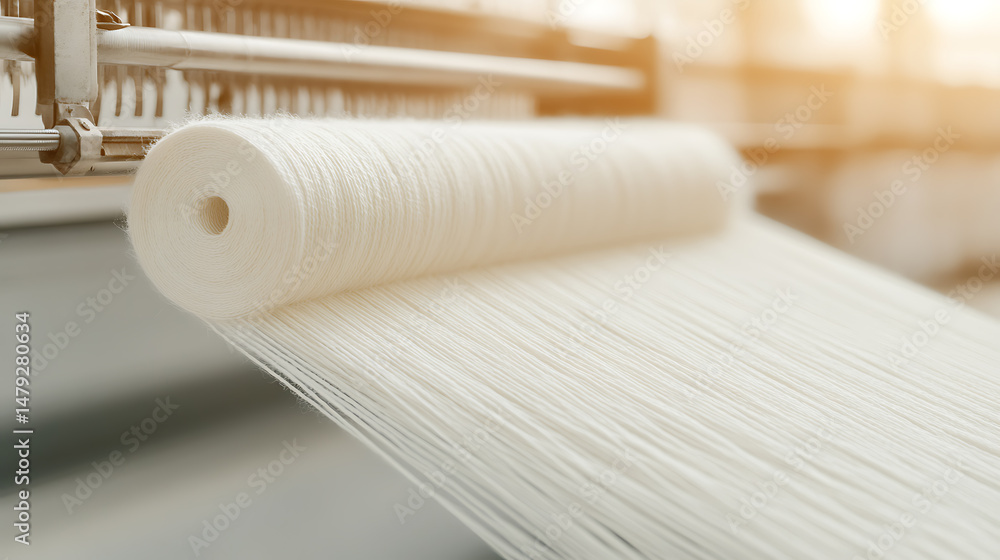 Poster textile production with a roll of white thread being fed into a textile machine. the thread is unifo