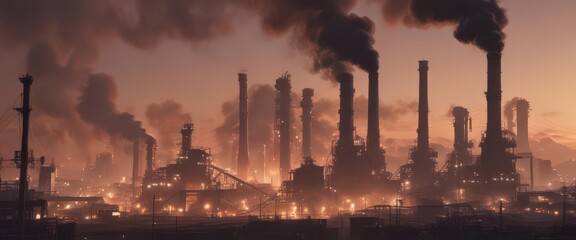 Naklejka premium Dawn smog hangs heavy over a metallurgical plant, smoke billowing from stacks , morning, bad ecology