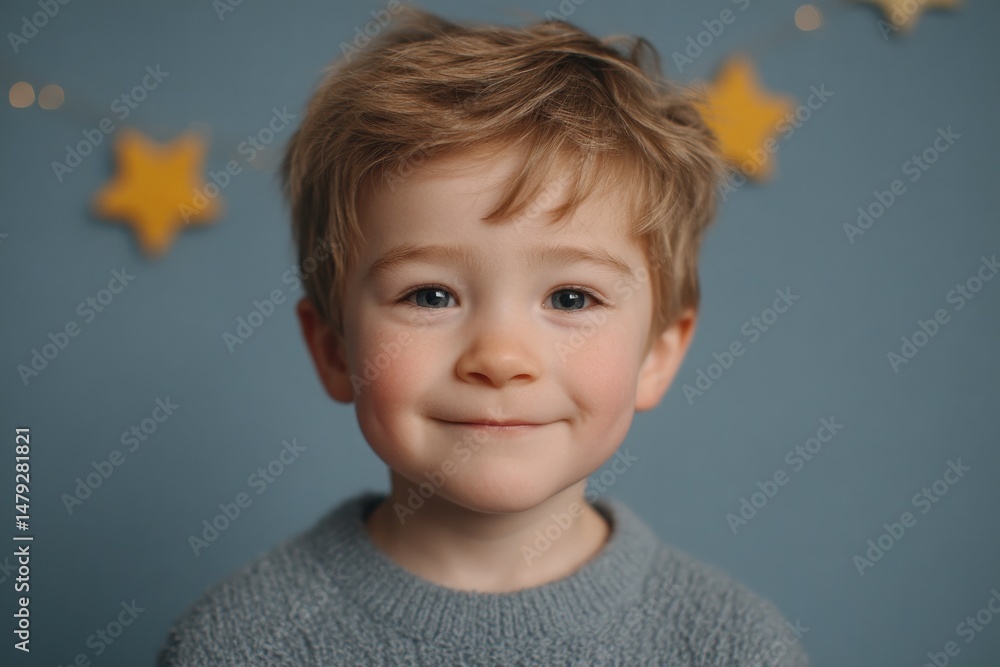 Poster portrait of child with minimalistic thematic party props in focus blurred background providing ample