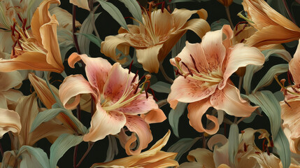 Vector seamless pattern with pastel colors vintage lilies.