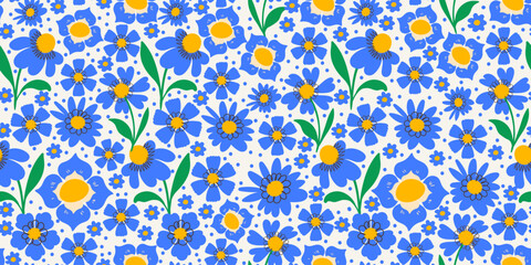 Flower Seamless Pattern with Cute Hand Drawn Nature Wild Field Florals. Doodle quirky summer and spring plants. Feminine repeatable backdrop perfect for fashion, clothing, cards, invitations, wrapping