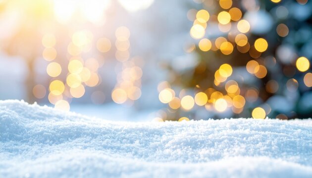 Festive holiday scene with snowy tabletop and blurred christmas tree cozy winter vibes golden bokeh lights
