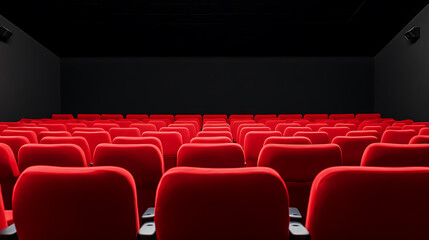 Obraz premium Rows of empty red seats fill a darkened theater, suggesting anticipation and the promise of entertainment in a classic cinema setting.