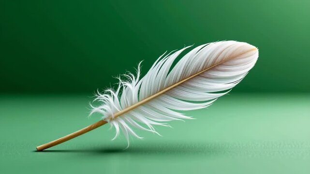 A single white feather with a brown quill rests gently on a smooth green surface, highlighted by soft lighting.