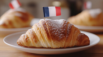 Bastille Day, Delicious French Croissant Pastry with Flag Bakery Food Photography