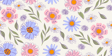 Cottage Core Flower Seamless Pattern with Cute Nature Wild Field Florals. Doodle quirky summer and spring plants. Feminine repeatable backdrop perfect for fashion, clothing, cards, invitations