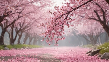 Delicate pink sakura petals drift, soft focus on blooming cherry trees ,  peaceful,  dreamy,  springtime
