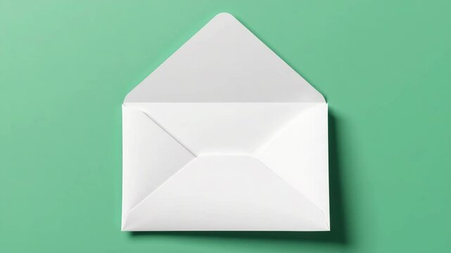 A plain white envelope is open on a flat green background, ready for a letter or invitation.