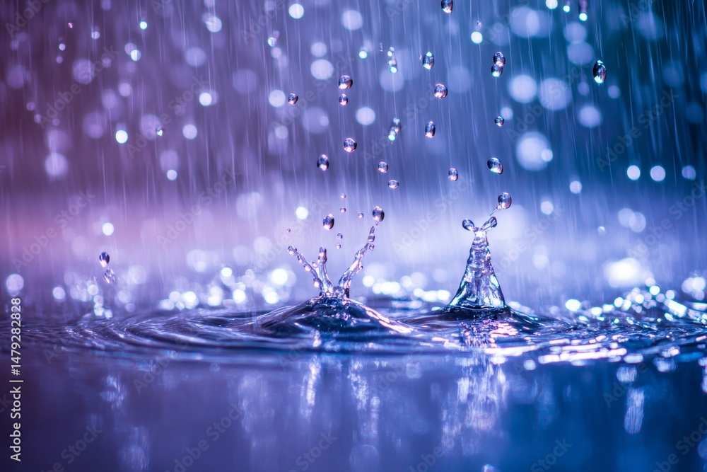 Poster dynamic raindrops cascade onto a glossy surface, splashing and forming ripples that create a captiva
