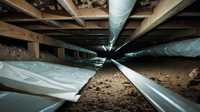Clean sealed crawl space with plastic vapor barrier lining, wooden support beams, ductwork, and gravel floor in home basement foundation system

