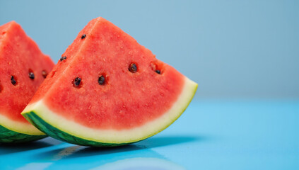 Luxurious Fresh Watermelon Slice with Dripping Juice on Elegant Blue Surface, Summer Refreshment, Healthy Snack, Vibrant Food Photography