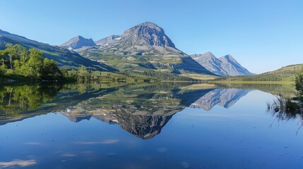 A scenic view of a mountain range reflected in a calm lake under a clear blue sky on a sunny day