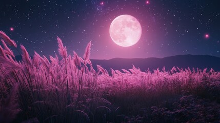 Full moon and Japanese pampas grass in midnight,The harvest Miscanthus sinensis and full moon,beautiful night sky in the countryside with the perfect pink moon exudes beauty in the dark.