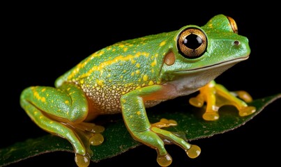 Vibrant Green Frog with Distinct Yellow Spots on a Leaf