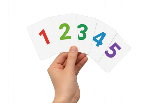 Hand holding numbered cards isolated on transparent background.