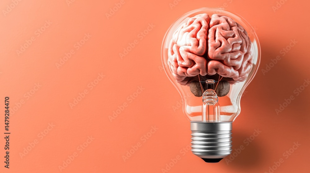 Poster creative image of a brain inside a transparent light bulb symbolizing innovative thinking mental cla