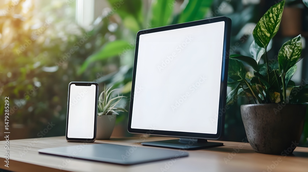 Poster modern workspace setup with digital devices.