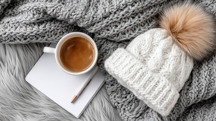 Cozy winter scene with a knitted hat, hot coffee, and a notepad resting on soft, textured blankets.