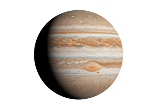 黒色の背景に浮かぶ縞模様と渦巻きのある巨大な茶色と白の木星の3Dレンダリング イメージ