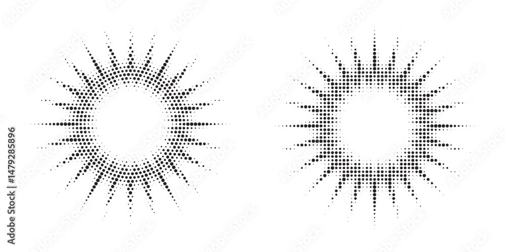 Aufkleber Halftone Background. Glowing light Halftone effect. Abstract grunge Starburst halftone dots background set. Star Flare, Shine light halftone texture. Retro background, pop art style.	